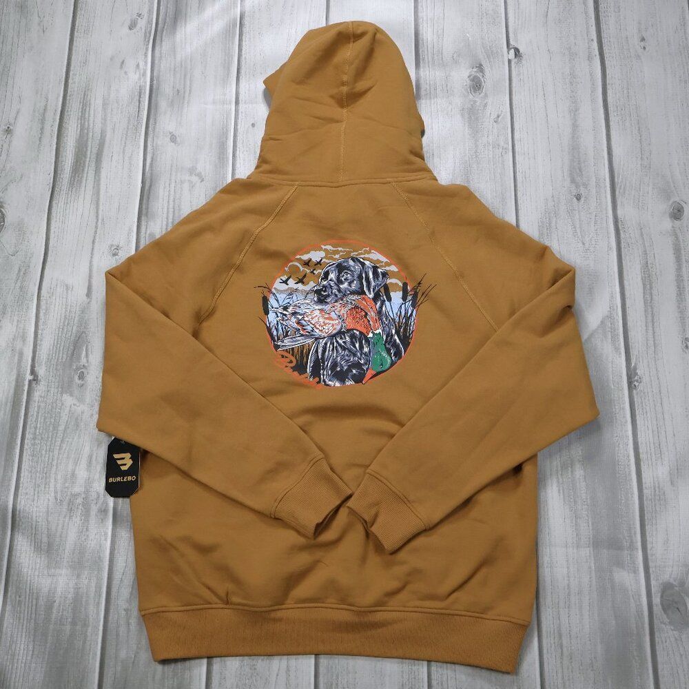 NEW BURLEBO Men's Fleece Pullover Hoodie - Dog/Duck Graphic Tan/Brown Size Med